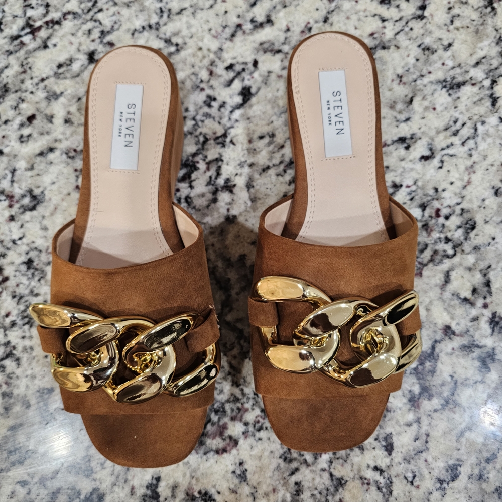 Gold Chain Brown Suede Mules Flat Sole